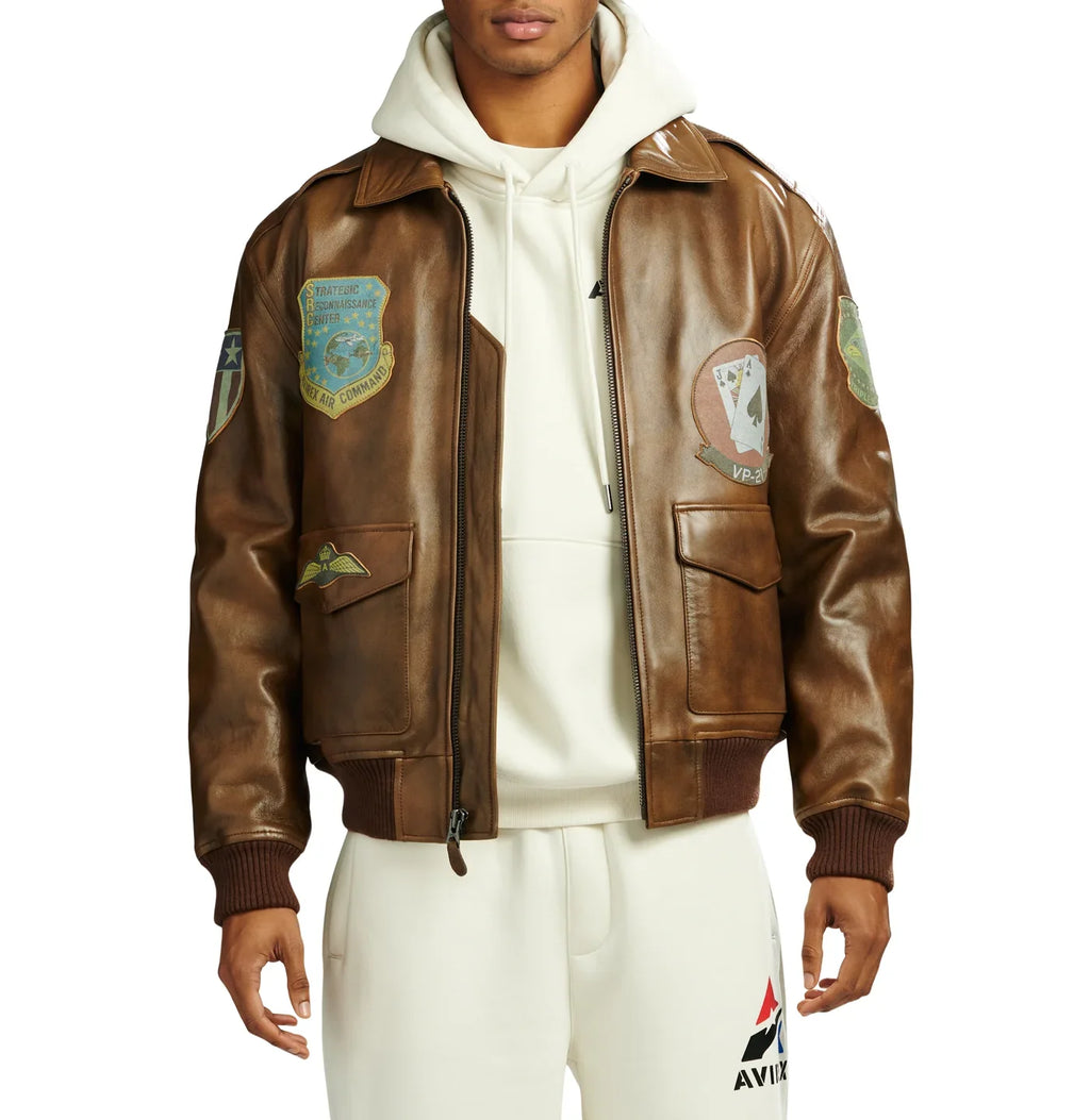 Handmade Avirex Flight A2 Leather Bomber Jacket, Embroidery Vintage Varsity Style