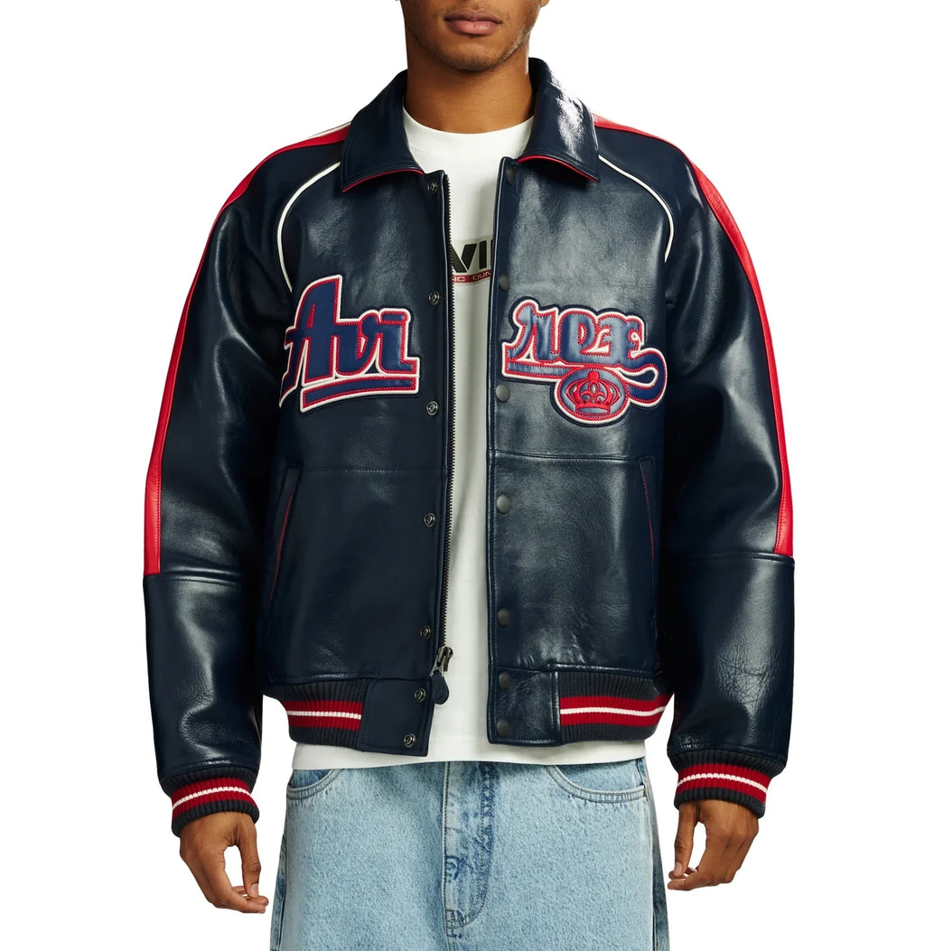Handmade Avirex ColdKickOff The Kings Leather Bomber Jacket, Embroidery Vintage Varsity Style