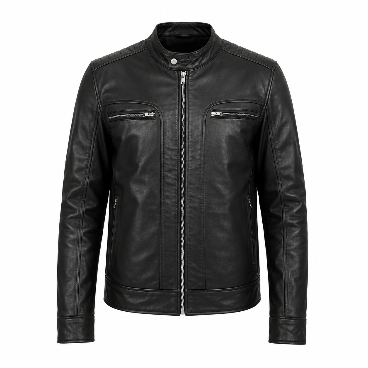 Elegans Café Racer Skinnjacka i Äkta Läder – Svart Premium Herrjacka