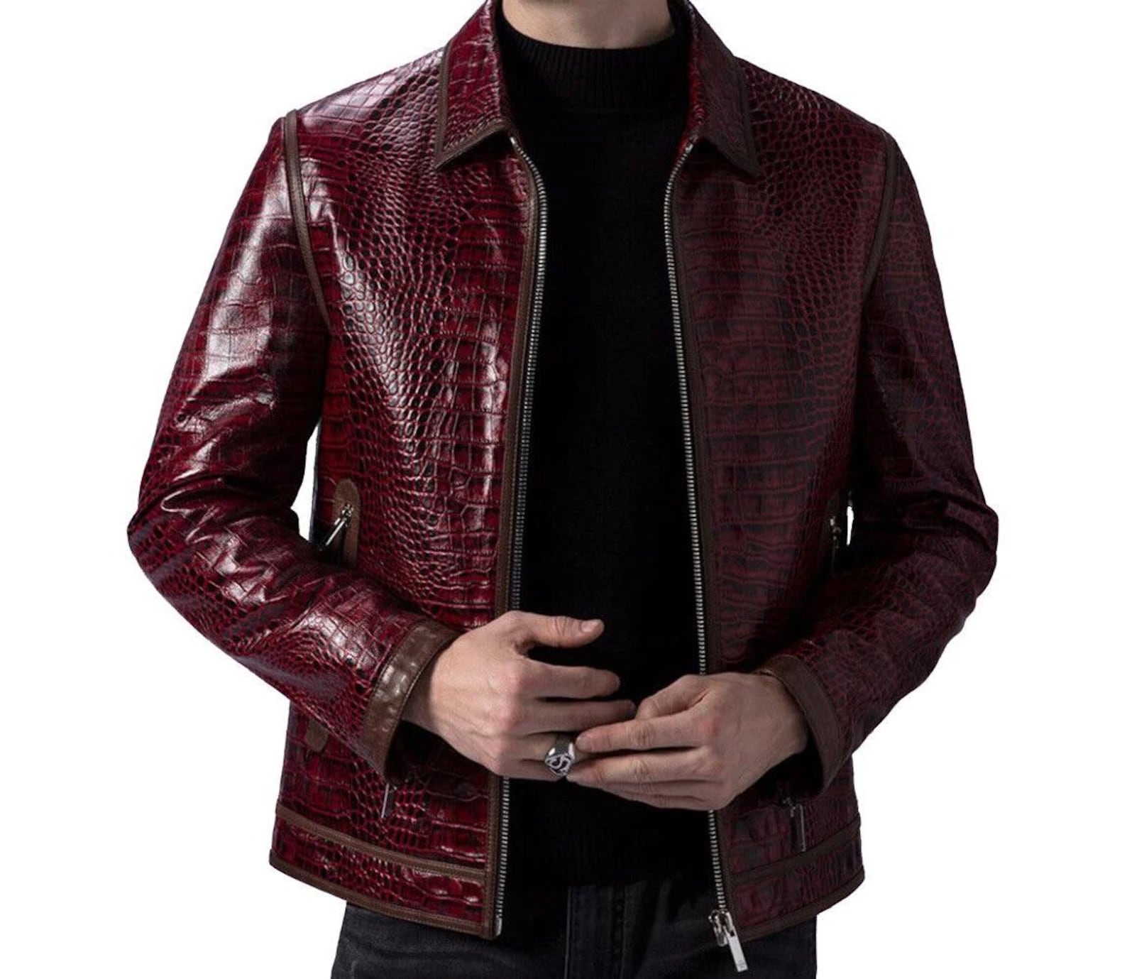 Men's Burgundy Cowhide Leather Biker Jacket, Crocodile Embossed