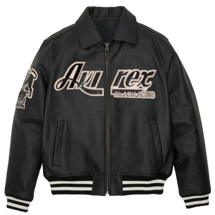 AVIREX A-2 Black Aces Leather Jacket | Classic Military Bomber Flight Jacket | Men’s Aviator Coat
