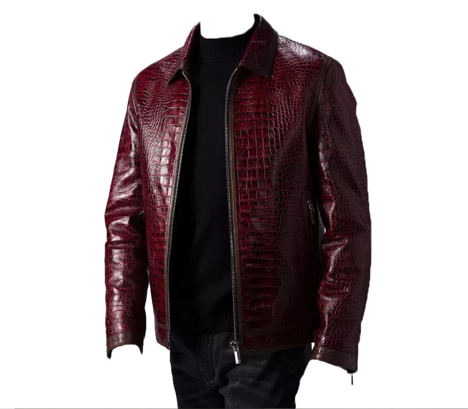 Men's Burgundy Cowhide Leather Biker Jacket, Crocodile Embossed
