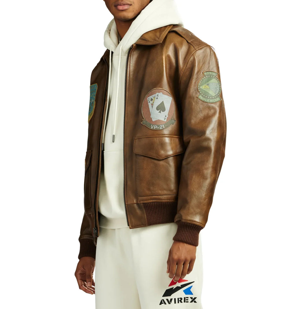 Handmade Avirex Flight A2 Leather Bomber Jacket, Embroidery Vintage Varsity Style
