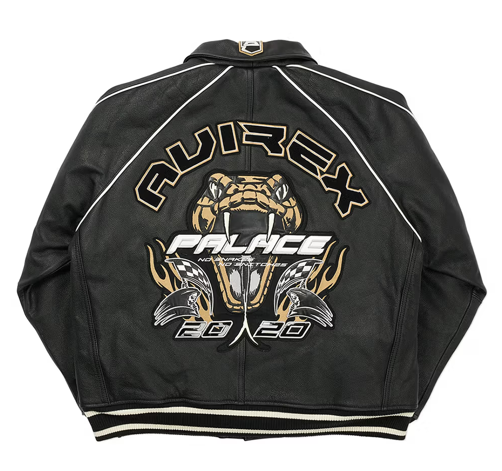 Handmade Men's Avirex x Palace No Snakes Limited Edition Bomber Jacket Genuine Cowhide Leather