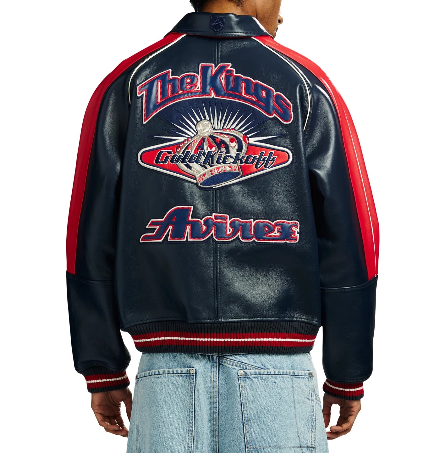 Handmade Avirex ColdKickOff The Kings Leather Bomber Jacket, Embroidery Vintage Varsity Style