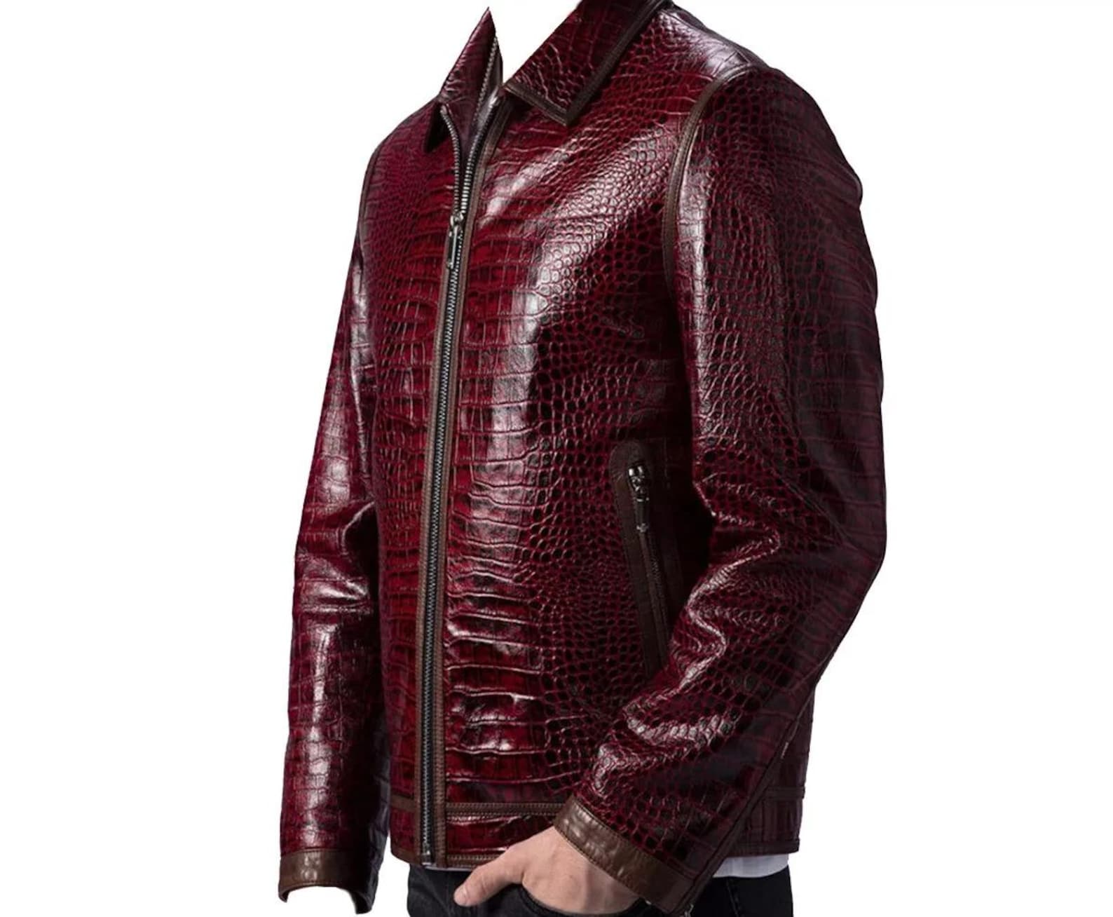 Men's Burgundy Cowhide Leather Biker Jacket, Crocodile Embossed
