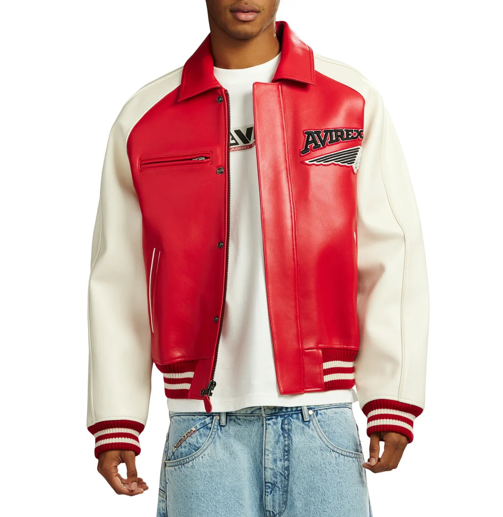 Handmade Avirex 75ers Leather Bomber Jacket, Embroidery Vintage Varsity Style