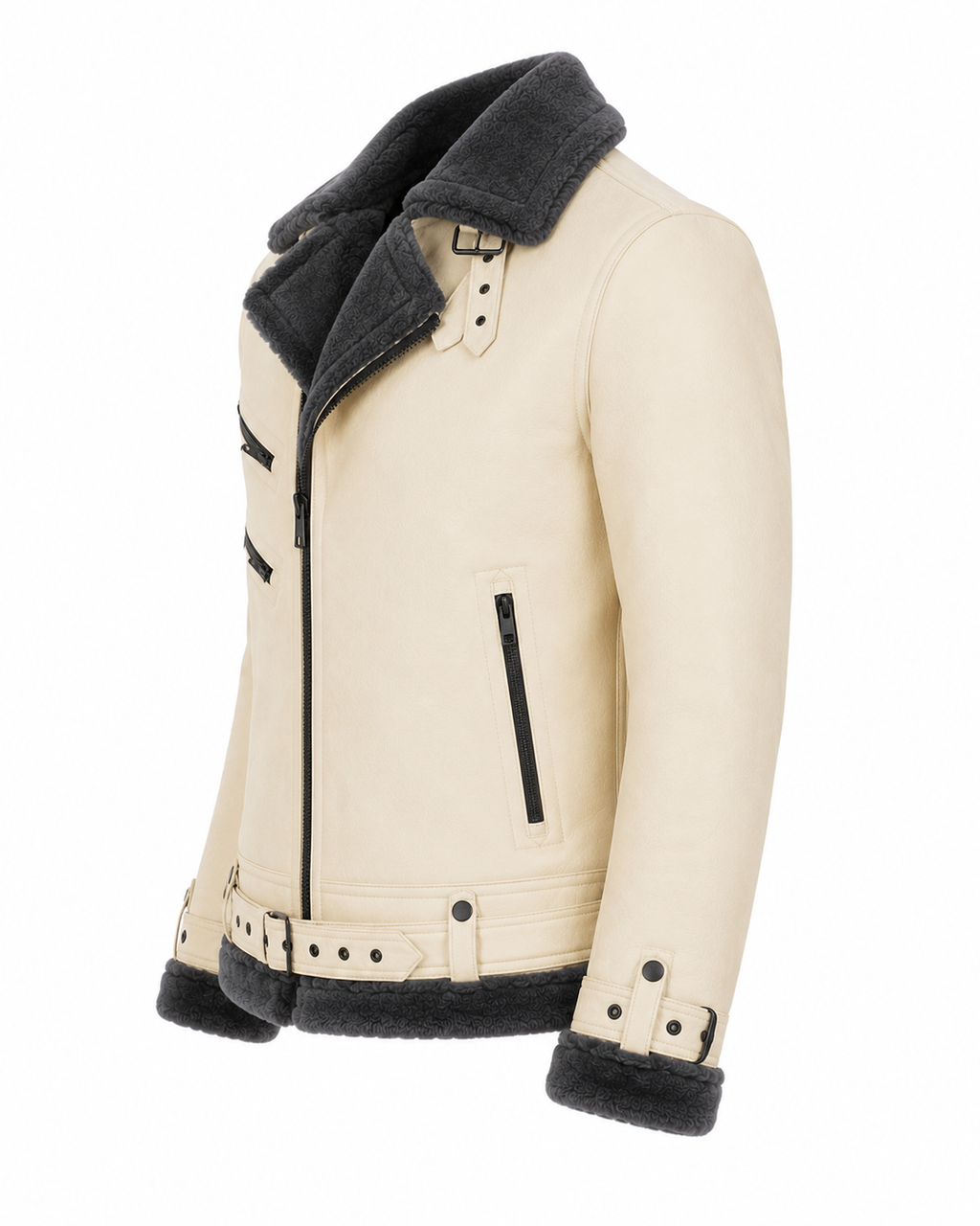 Exklusiv Off-White Skinnjacka Herr med Mörkgrå Fårskinnskrage – B3 Aviator Fårskinnsjacka