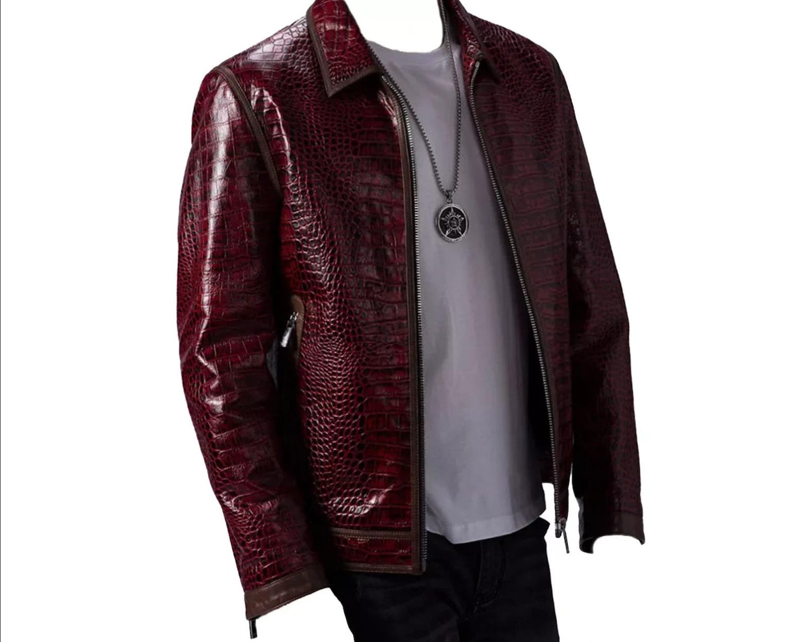 Men's Burgundy Cowhide Leather Biker Jacket, Crocodile Embossed