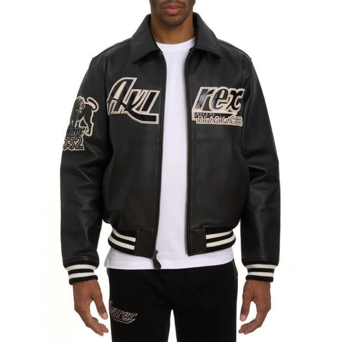 AVIREX A-2 Black Aces Leather Jacket | Classic Military Bomber Flight Jacket | Men’s Aviator Coat
