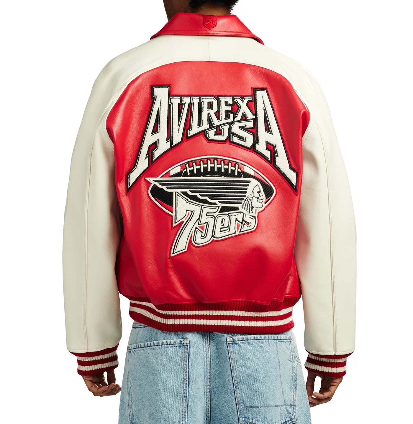 Handmade Avirex 75ers Leather Bomber Jacket, Embroidery Vintage Varsity Style