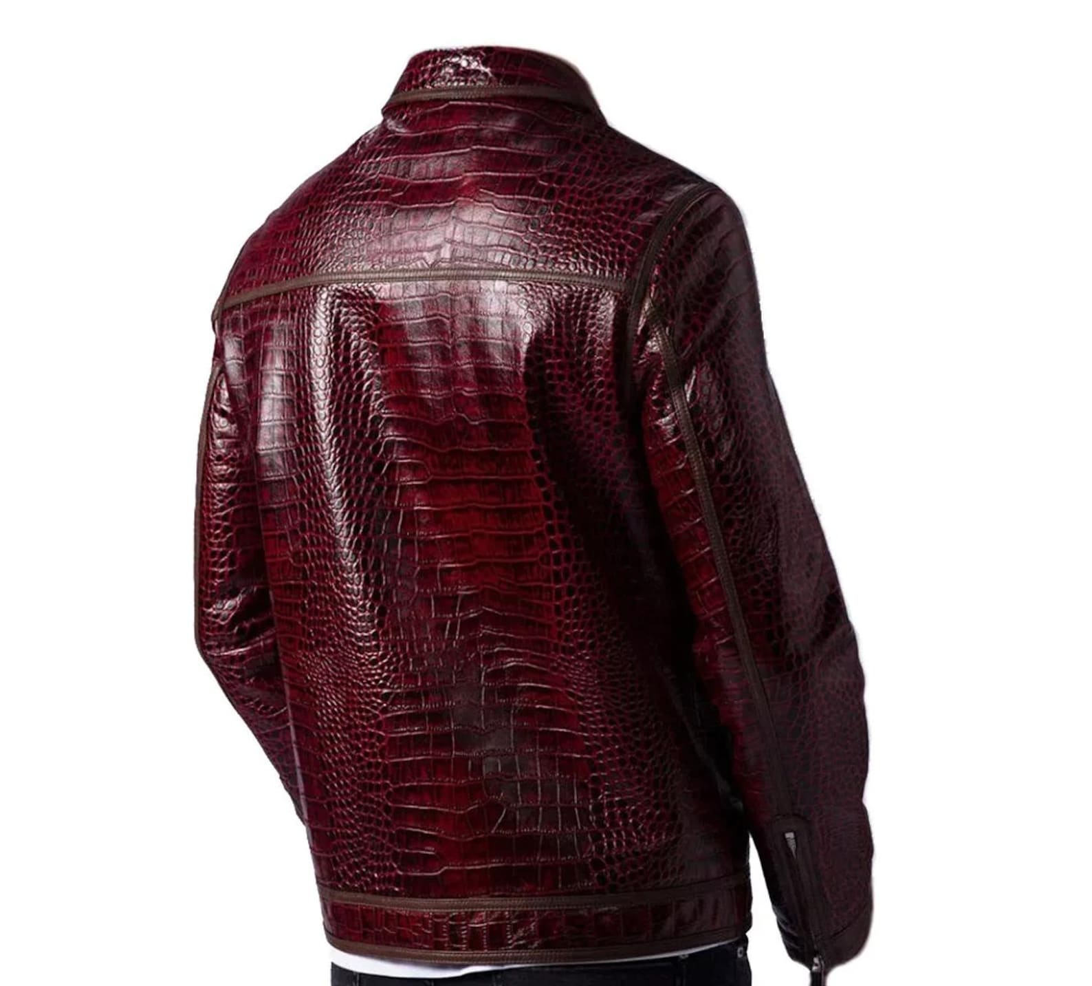 Men's Burgundy Cowhide Leather Biker Jacket, Crocodile Embossed