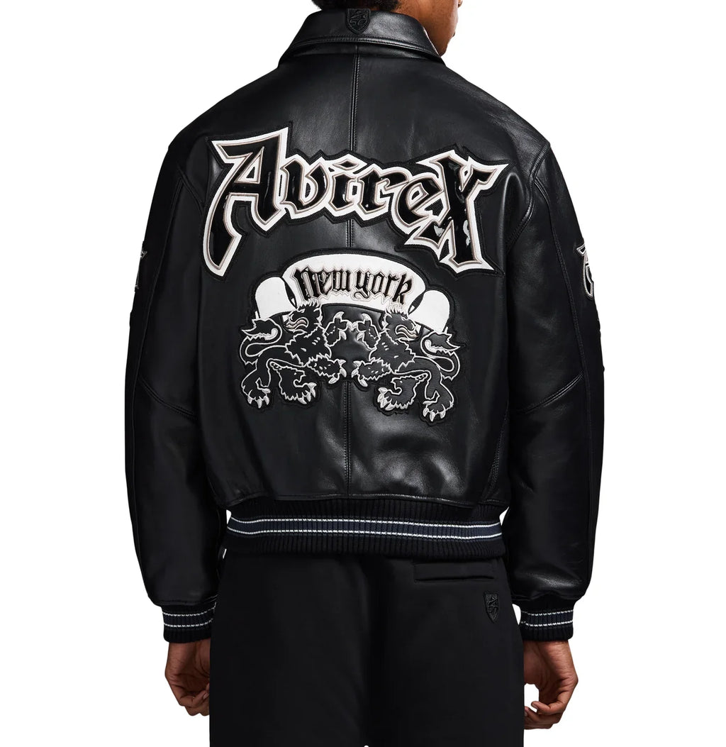 Handmade Avirex Goth Leather Bomber Jacket, Embroidery Vintage Varsity Style