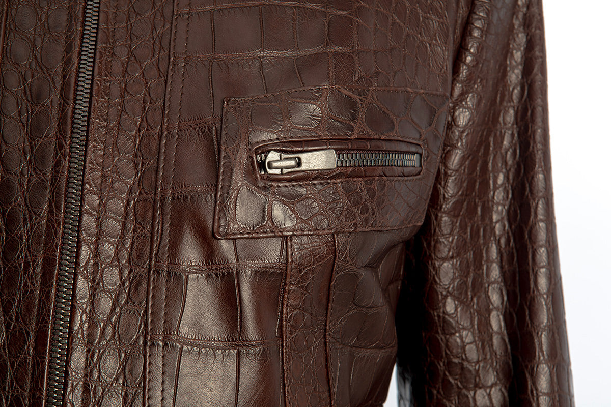 Women’s Dark Brown Crocodile Embossed Cowhide Leather Jacket – Premium Vintage Style