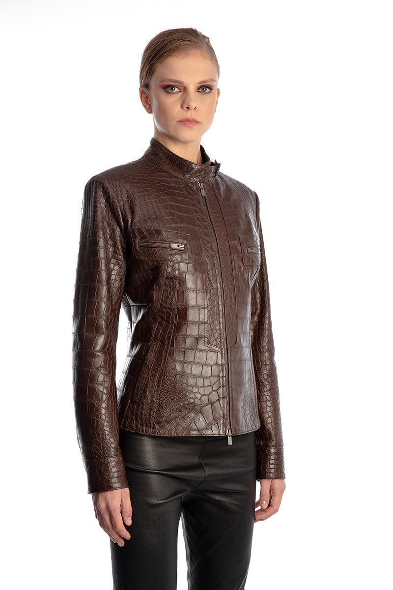 Women’s Dark Brown Crocodile Embossed Cowhide Leather Jacket – Premium Vintage Style
