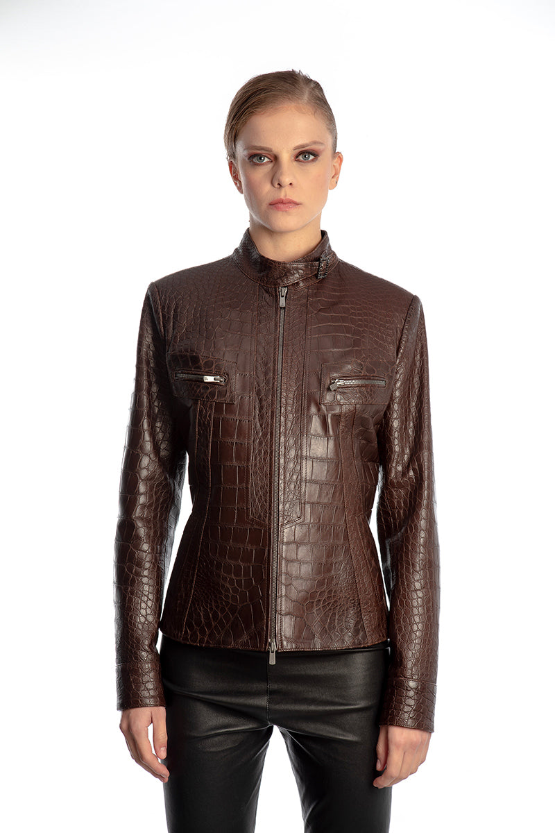 Women’s Dark Brown Crocodile Embossed Cowhide Leather Jacket – Premium Vintage Style