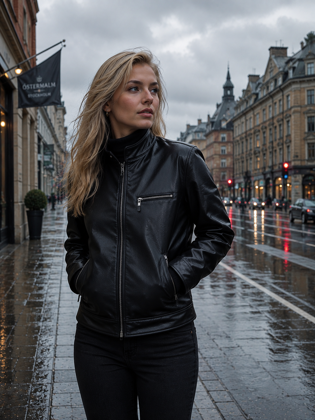 Svart Dam Skinnjacka med Hög Krage – Elegant Zipjacka i Modern Bikerstil