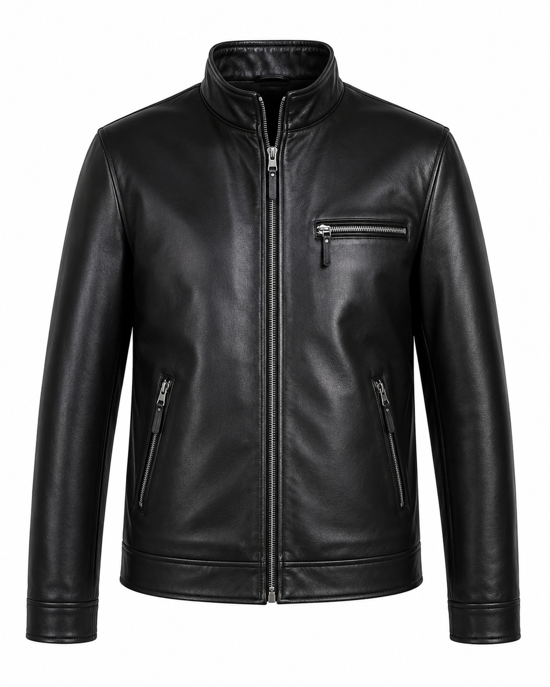 Svart Dam Skinnjacka med Hög Krage – Elegant Zipjacka i Modern Bikerstil