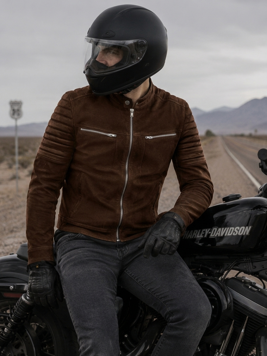 Brun Herr Skinnjacka i Äkta Fårskinn – Vintage Café Racer med Quiltade Ärmar