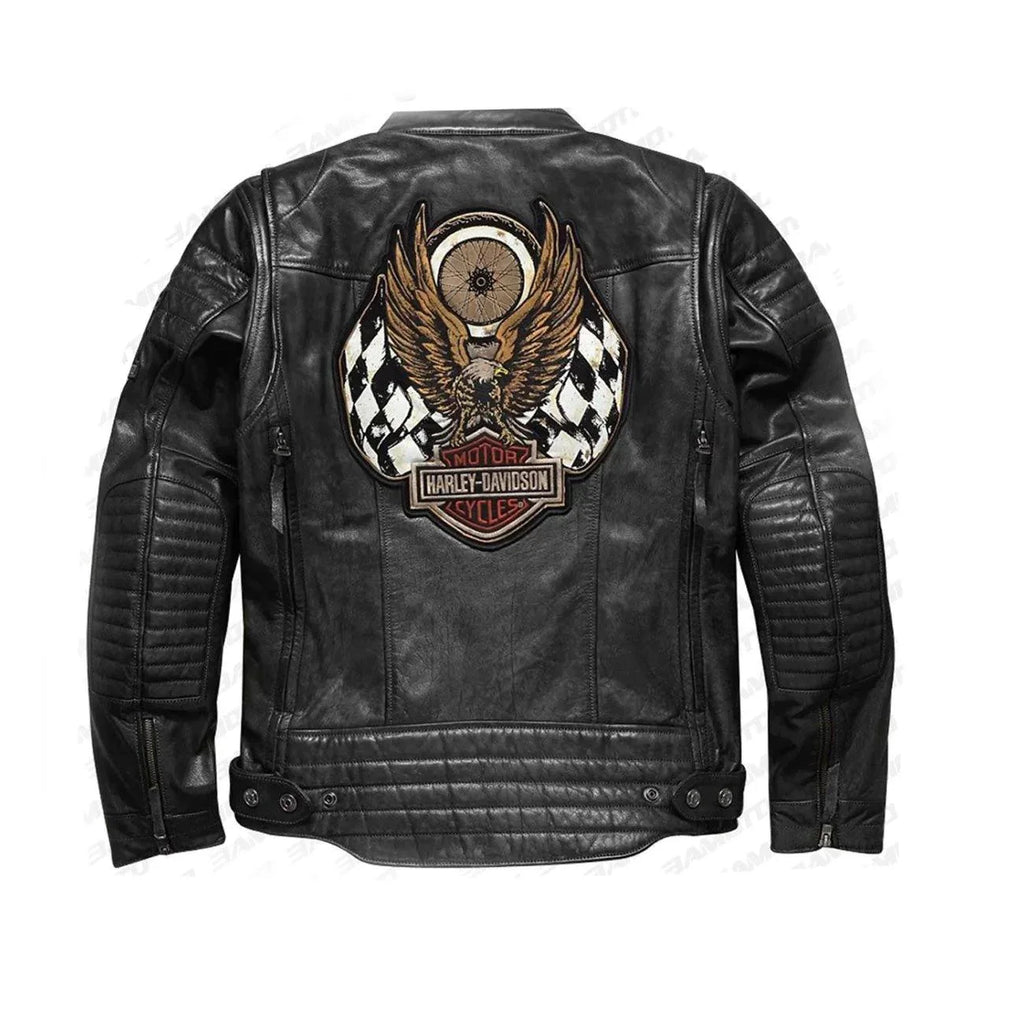 Harley Davidson Men’s Embroidered Eagle Design Natural Leather Jacket