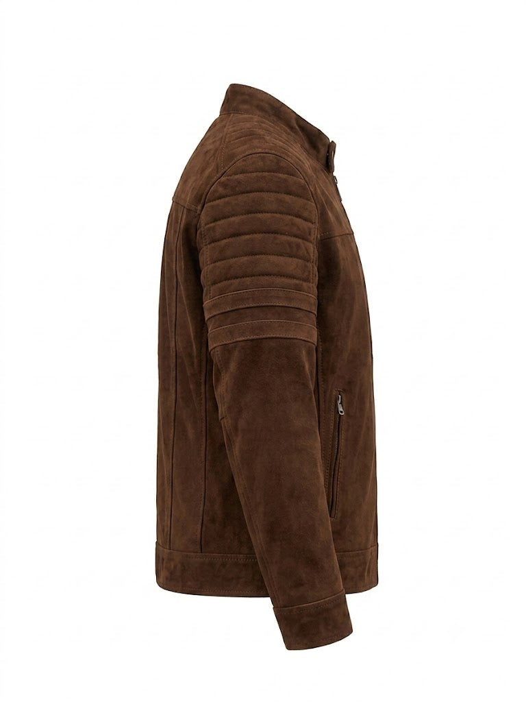 Brun Herr Skinnjacka i Äkta Fårskinn – Vintage Café Racer med Quiltade Ärmar