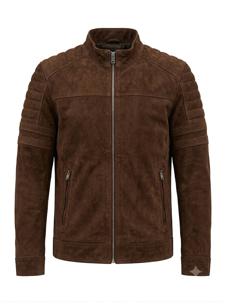Brun Herr Skinnjacka i Äkta Fårskinn – Vintage Café Racer med Quiltade Ärmar